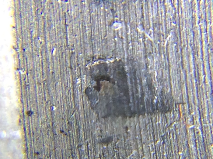The strike point on the segment's anvil, where the type bar has worn at the metal over many years of typing. 