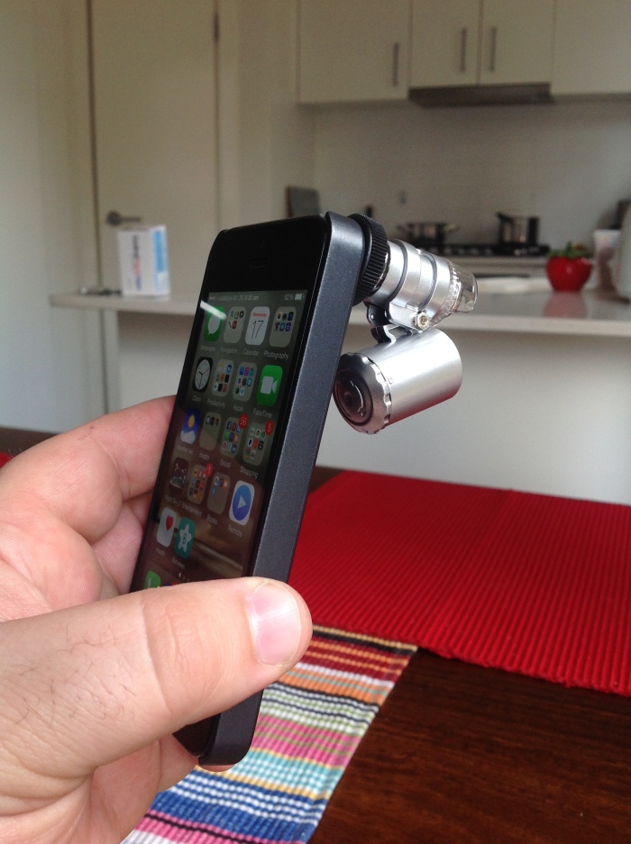 The iPhone microscope - in all its cheap-arse glory. 