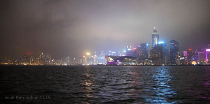 The Hong Kong Exhibition center and the fading away of the city's beautiful lights into the haze - as seen from the Star Ferry. 